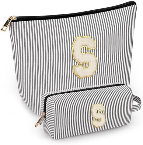 2 PCS Initial Makeup Bags for Women: Cosmetic Bag for Travel Toiletry - Birthday Gifts for 11 12 13 14 15 16 17 18 Years Old Girl Graduation Teacher Gift- Teen Girl Gifts Trendy Stuff - Black S by mibasies
