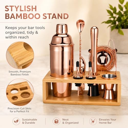 Rose Gold Cocktail Shaker Set, Premium 18/8 Stainless Steel Mixology Bartender Kit with Stylish Bamboo Stand 10-Piece Bar Tools & Accessories for Home Decor - Gift for Women, Mom, Wedding - Image 5