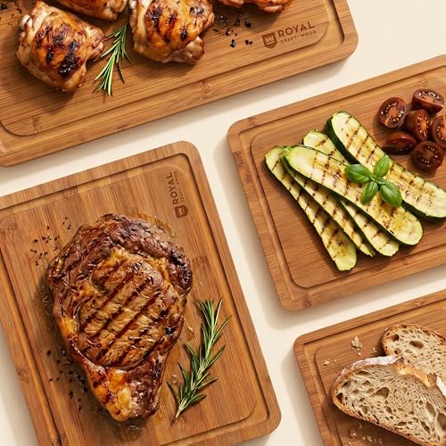 ROYAL CRAFT WOOD Wooden Cutting Boards for Kitchen Meal Prep & Serving - Bamboo Non Toxic Cutting Board Set with Deep Juice Groove Side Handles - Charcuterie & Chopping Butcher Block for Meat (4 Pcs) - Image 6