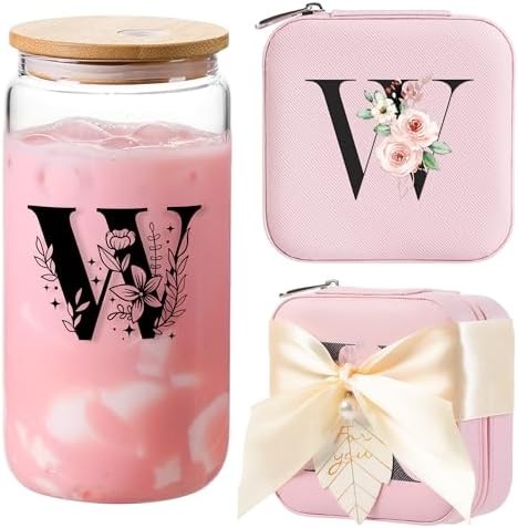 AYGXU Initial Glass Cup,Personalized Birthday Gifts for Women,16oz Glass Tumbler Cups,Graduation Gifts for Her,Small Jewelry Organizer Box,Birthday Gifts for Women,Initial W pink by AYGXU