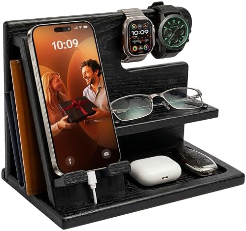 TESLYAR Wood Phone Docking Station for Men - Desktop or Nightstand Organizer - Birthday Gifts for Men, Dad - Anniversary Idea from Wife - Key Holder, Stand Wallet, Watch & Essentials (Granite Black) by TESLYAR