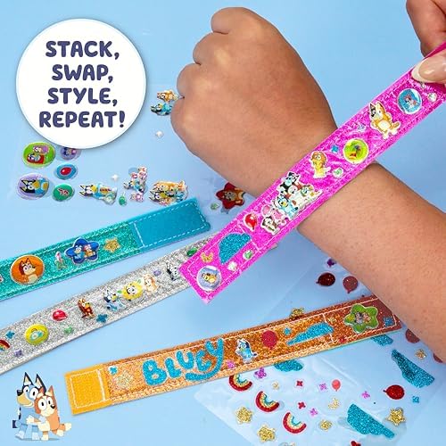 Bluey Sparkle Bracelet Making Kit, 4 Reversible Bracelets with Easy Closure, 100+ Traditional and Puffy Resin Stickers, DIY Bluey Jewelry, Arts and Crafts for Kids Age 8-12, Toddler Gifts - Image 4