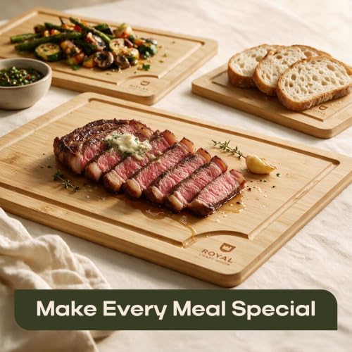 ROYAL CRAFT WOOD Wooden Cutting Boards for Kitchen Meal Prep & Serving - Bamboo Wood Serving Board Set with Deep Juice Groove Side Handles - Charcuterie & Chopping Butcher Block for Meat - Image 4