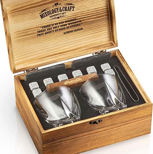 Mixology Whiskey Stones Gift Set for Men - Pack of 2, 10 oz Whiskey Glasses w/ 8 Granite Chilling Rocks, 2 Coasters, Metal Tong & Cocktail Cards in Wooden Box - Twist - Image 2