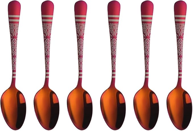 Rainbow Red Unique Pattern Design Coffee Espresso Spoons Mini, Mingcheng Stainless Steel Small Teaspoons Silverware Set of 6, BISDARUN 5.5 Inches Food Spoons for Demitasse Dessert Tea