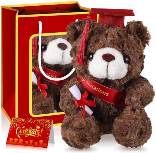 Bear with Graduation Cap Toys Class of 2026 Plush Stuffed Teddy Bear Animal Dog Cap and Gown with Greeting Card and Bag for Graduation Day Gift(Red B) by ZJoey
