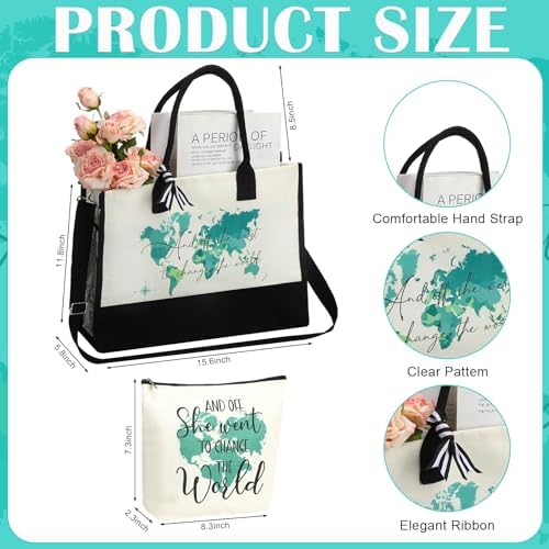 2 Pcs Inspirational Canvas Tote Bag and Makeup Bag Set, Gift Bags Present for Women, Motivational World Map Xmas Gift for Her, Christmas Birthday Holiday Thank You for Daughter Sister Friend - Image 4