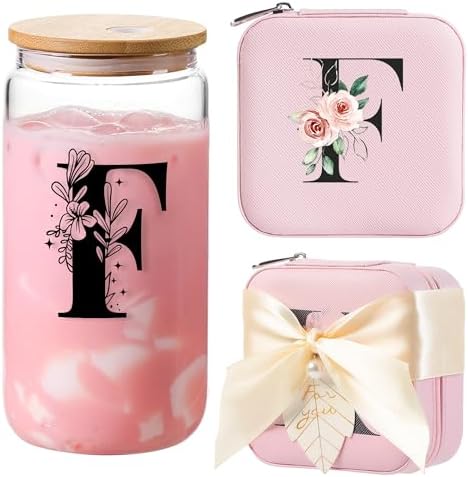 AYGXU Bridesmaid proposal gifts,Travel Initial Jewelry Box for Girls,Travel Jewelry Case,Initial Glass Cup,Cute Tumbler Cup,Small Jewelry Organizer for Teen Girls Gifts,Initial F pink by AYGXU