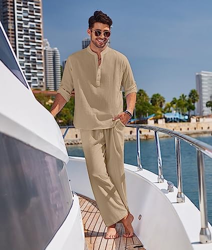 COOFANDY Men’s 2 Piece Cotton Linen Set Casual Beach Outfits Long Sleeve - Image 2