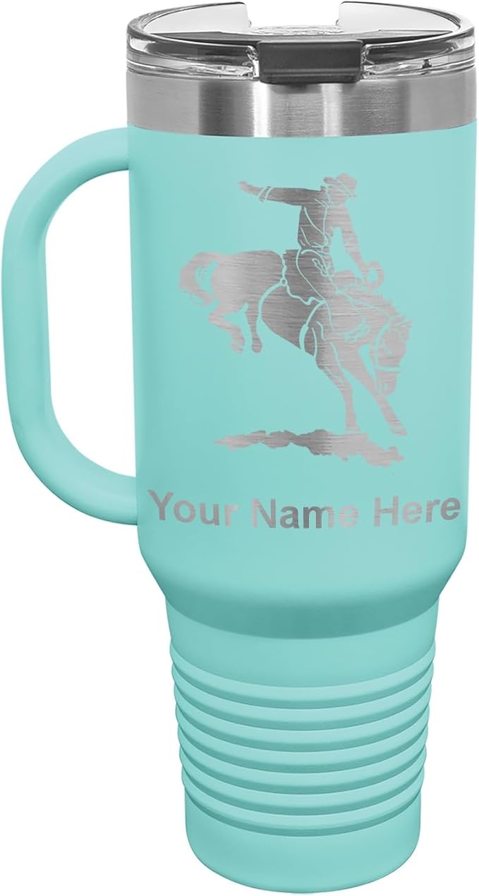 LaserGram 40oz Vacuum Insulated Travel Mug with Handle, Bronco Rider, Personalized Engraving Included (Teal)