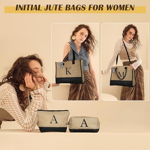 YOOLIFE Personalized Gifts for Women, Initial Jute Tote Bag & 2 Makeup Bags - Image 3