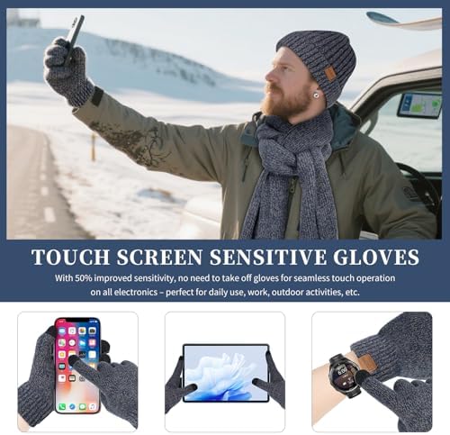 Winter Beanie Hats Long Neck Scarf for Men and Touchscreen Gloves 3PCS Set - Image 4