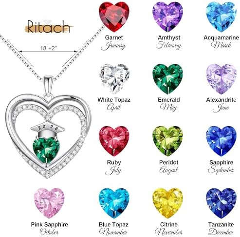 Ritach Graduation Gift for Her 2026 - S925 Sterling Silver Class of 2026 Grad Cap Necklace Heart Birthstone Necklace College High School Graduation Gift for Her - Image 4