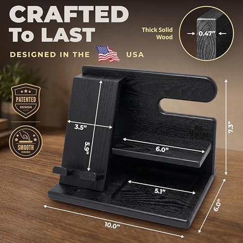 TESLYAR Wood Phone Docking Station for Men - Desktop or Nightstand Organizer - Birthday Gifts for Men, Dad - Anniversary Idea from Wife - Key Holder, Stand Wallet, Watch & Essentials (Granite Black) - Image 5