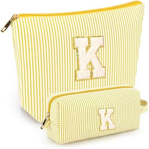 2 PCS Initial Makeup Bags for Women: Cosmetic Bag for Travel Toiletry - Birthday Gifts for 11 12 13 14 15 16 17 18 Years Old Girl Graduation Teacher Gift- Teen Girl Gifts Trendy Stuff - Yellow K by mibasies