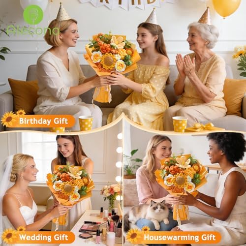 Alecono Large Orange Crochet Sunflower Bouquet Handmade Knitted Floral Set - Image 3