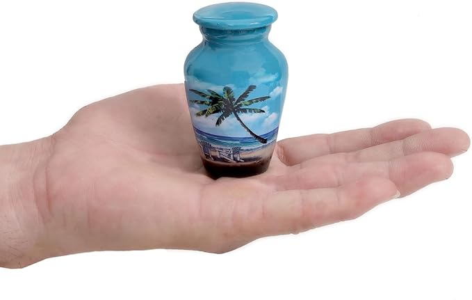 HLC Blue Beach Small Keepsake - Keepsake Urn with 1 Velvet Box Bag-Mini Keepsake Urn - Ashes Urn 3" H x 2.5" W x 2.5" L
