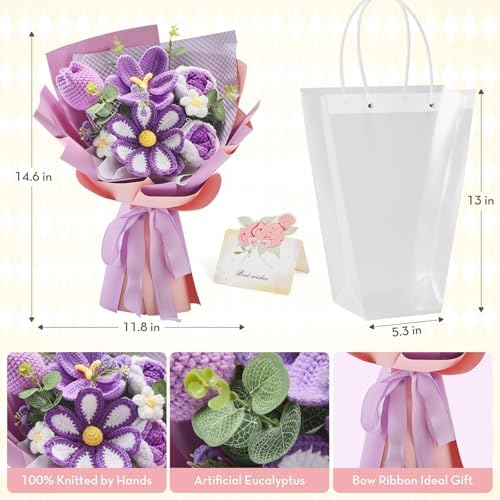 Alecono Purple Crochet Flower Bouquet Handmade Tulip Floral Set - Image 5