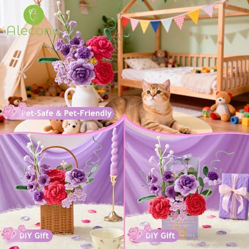 Alecono Crochet Flower Bouquet Purple and Hot Pink Handmade Knitted Rose - Image 5
