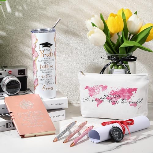 Domensi 6 Pcs Class of 2026 Graduation Gifts for Her Women Rose Pink 20 oz Tumbler Makeup Bag Journal Ballpoint Pen Inspirational Graduation Gifts Set for College High School Daughter Sister Friend - Image 5