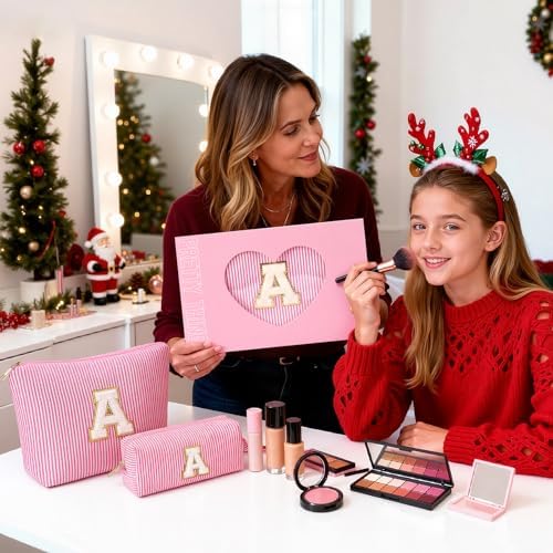 2 PCS Initial Makeup Bags for Women: Cosmetic Bag for Travel Toiletry - Birthday Gifts for 11 12 13 14 15 16 17 18 Years Old Girl Graduation Teacher Gift- Teen Girl Gifts Trendy Stuff - Pink O - Image 2