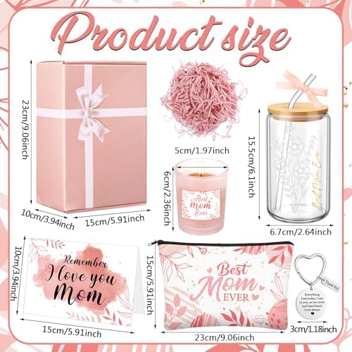 Bokon 6 Pcs Birthday Gifts for Mom Best Mom Ever Gifts Box Set with 16oz Glass Cup Scented Candle Makeup Bag from Daughter Son for Wife Mother Day Party(Pink) - Image 3