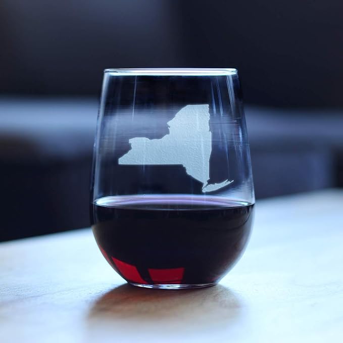 Bevvee New York State Outline Stemless Wine Glass - State Themed Drinking Decor and Gifts for New Yorker Women & Men - Large 17 Oz Glasses