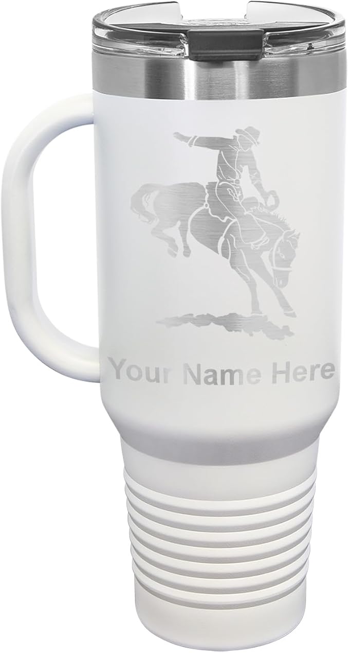 LaserGram 40oz Vacuum Insulated Travel Mug with Handle, Bronco Rider, Personalized Engraving Included (White)