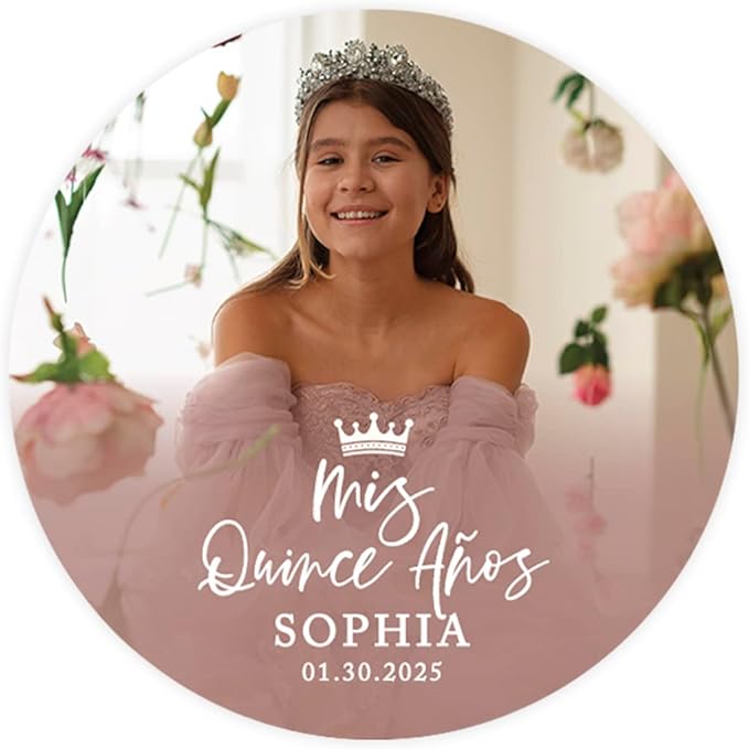 Andaz Press 40-Pack Personalized 2" Round Circle Quinceañera Labels, Mis Quince Años Sticker Labels with Custom Photo for Quince Favors Invitations XV, 15th Birthday, Quinceanera Decorations