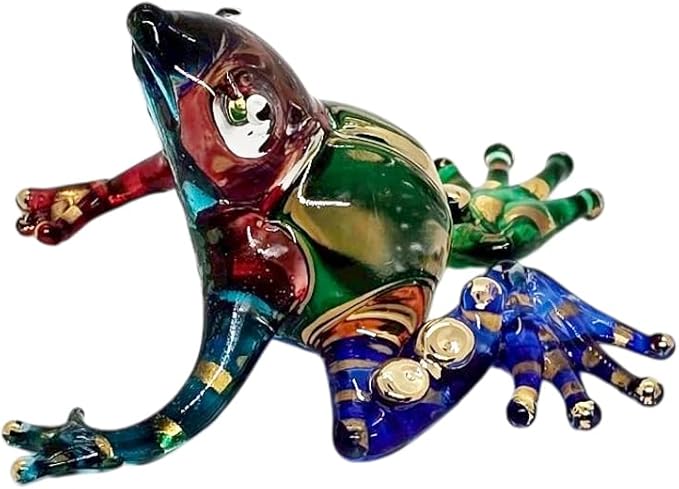 WitnyStore 2¼" Blue Gold Green Red Frog Artistic Blown Glass Figurine Premium Hand-Blown Statue Tabletop Decoration Unique Collectible for Adult Collectors Handcrafted Elegant Home Room Decor
