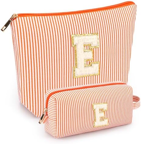 mibasies 2 PCS Initial Makeup Bags for Women: Cosmetic Bag for Travel Toiletry - Personalized Cute Makeup Pouch - Gifts for Grilfriend Wife Moms Bridesmaid - Retirement Travel Gifts - Orange E by mibasies