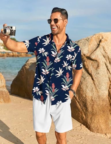 COOFANDY Men's Hawaiian 2 Piece Outfits Floral Button Down Shirt and Shorts Vacation Outfits Summer Beach Matching Set - Image 3