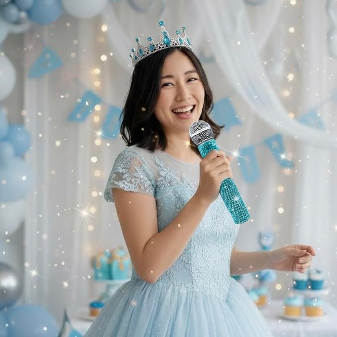 Bling Fake Microphone Prop and Crystal Tiara – Sparkly Rhinestone Toy Mic & Crown Girls Cosplay, Princess Dress Up