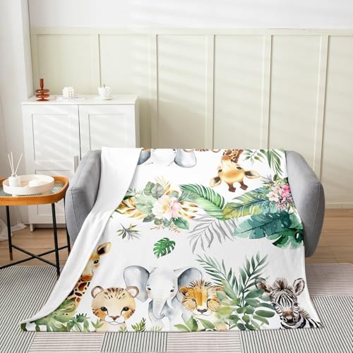Erosebridal Cheetah Zebra Flannel Blanket Twin 60x80 Inch Giraffe Elephant Fleece Blanket Palm Leaves Floral Wildlife Fuzzy Plush Throw Cartoon Animals Plants Living Room Decor - Image 2