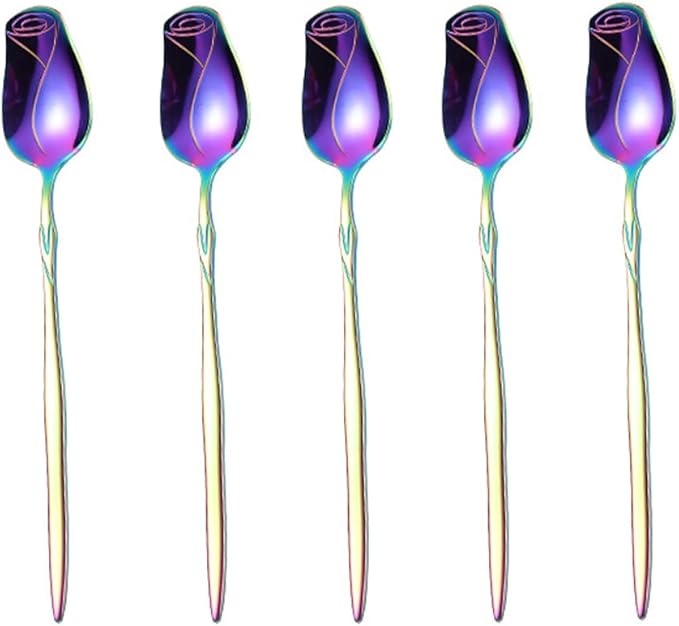 Stainless Steel Spoon Set - 5 Pack, Rose Flower & Dessert Spoons, Cute (Colorful)