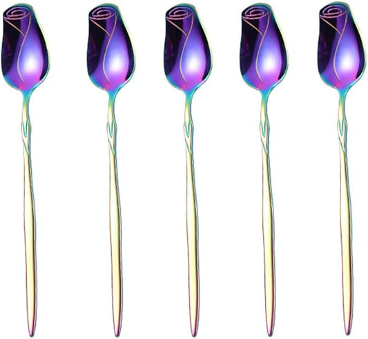Stainless Steel Spoon Set - 5 Pack, Rose Flower & Dessert Spoons, Cute (Colorful)