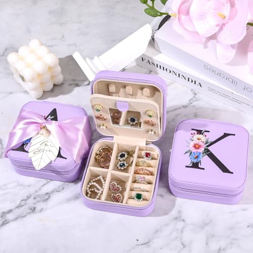 AYGXU Initial glass cups with bamboo lids,Travel Jewelry Case for Women Girls,Travel Jewelry Case Jewelry Box Organizer,coffee cups,Travel Gifts for Women Travel Essentials,Initial O purple - Image 5