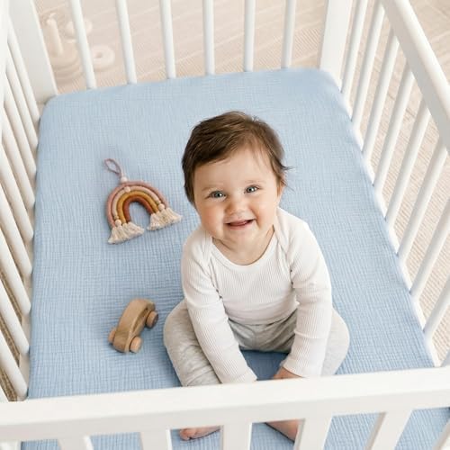 Muslin Mini Crib Sheet (38"x24"), 100% Cotton Cover, Breathable & Soft Mattress Pad, Boho Blue for Boys(1 Pack) - Image 6