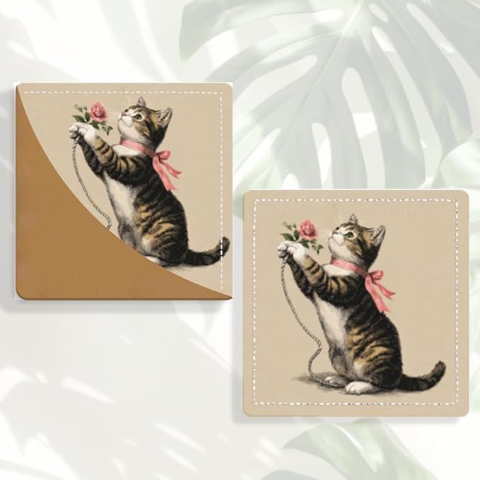 2PCS Leather Bookmarks 3.54 x 3.54 Inch Vintage Tabby Cat with Pink Rose Design Reading Accessories for Books Journals Bibles Travel Diary Students Teachers and Book Lovers Gift