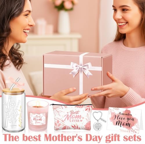 Bokon 6 Pcs Birthday Gifts for Mom Best Mom Ever Gifts Box Set with 16oz Glass Cup Scented Candle Makeup Bag from Daughter Son for Wife Mother Day Party(Pink) - Image 6