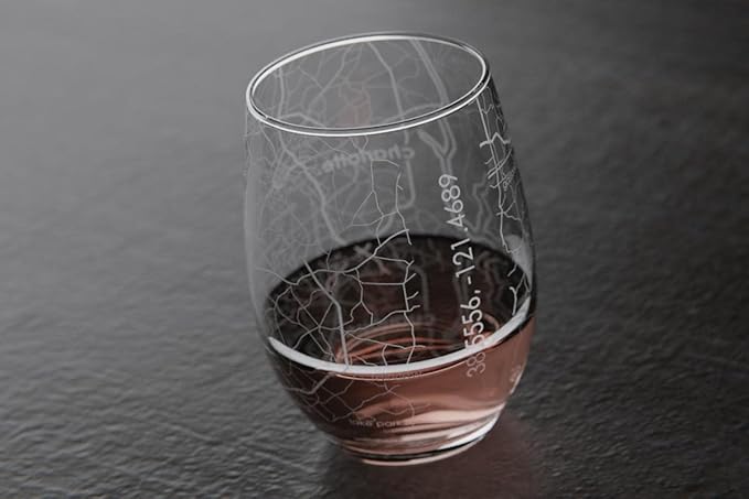 Well Told Engraved Charlotte North Carolina Map Stemless Wine Glass, Etched Glass (15 oz, Clear) City Custom Gifts for Lovers