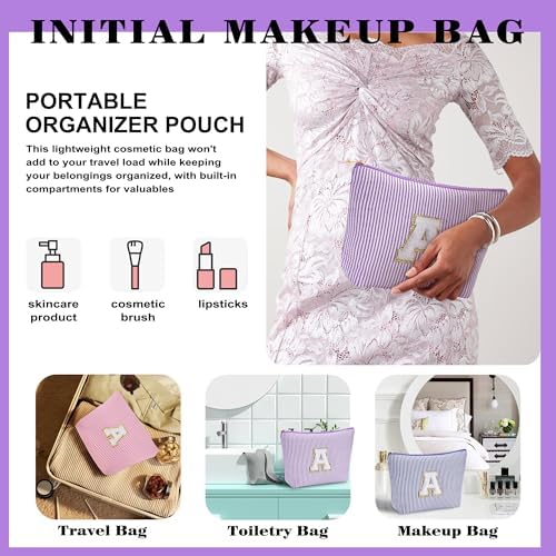 Travel Makeup Bag Organizer - Travel Essentials, Initial Travel Toiletry Bag with Zipper | Small Makeup Bag for Purse Cute Purple Stuff Birthday Gifts for Women Mom Daughter, Purple Letter L - Image 3