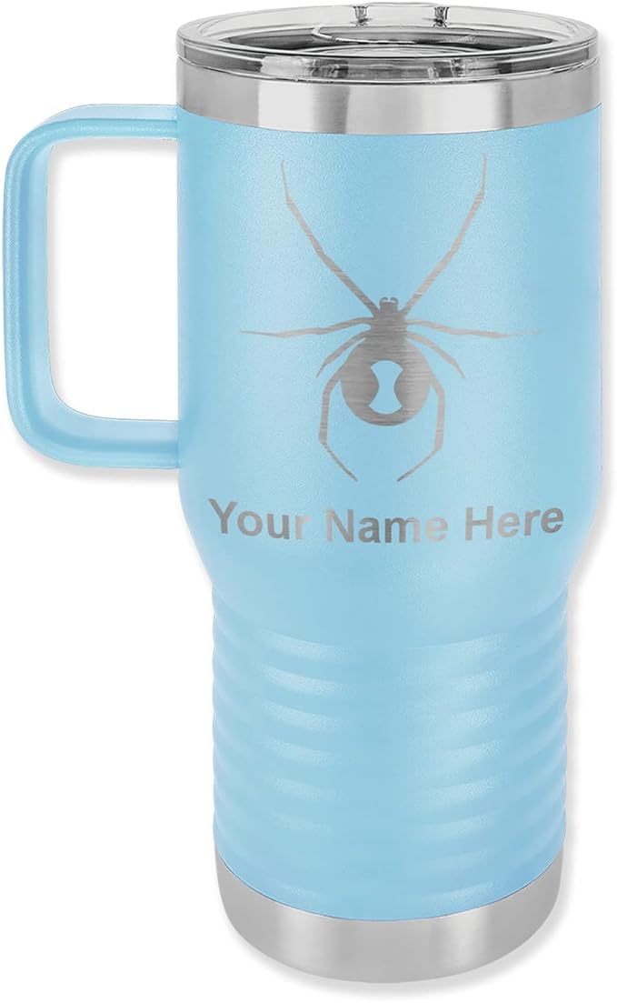 LaserGram 20oz Vacuum Insulated Travel Mug with Handle Widow Spider, Personalized Engraving Included (Light Blue)
