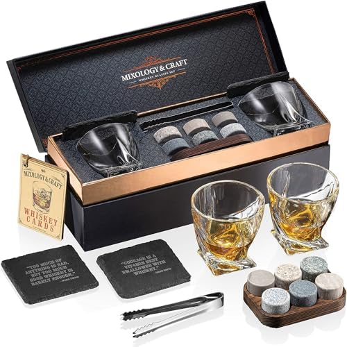 Mixology & Craft Whiskey Stones Gift Set for Men | Whiskey Glass and Stones Set with a Classy Gift Box and 6 Granite Round Whiskey Stones | Whiskey Lovers Gifts for Men, Dad, Husband, Boyfriend by MixologyCraft