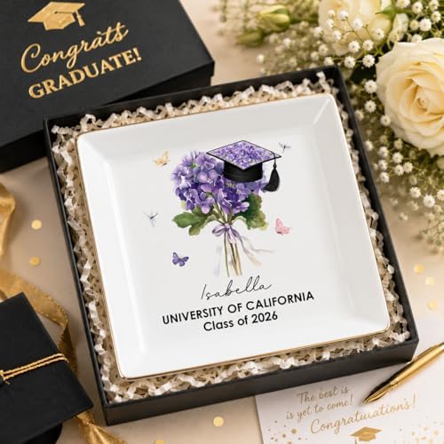 Wrappiness Personalized Graduation Trinket Tray, Custom Flower College High School Ring Dish Grad Gift for Daughter, Class of 2026 Graduation Gift for Her, Birth Month Flower Ceramic Jewelry Dish - Image 3