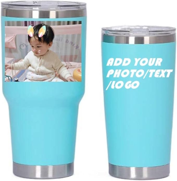 Personalized Photo 20oz 30oz Stainless Steel Tumbler,Custom Coffee Tumbler Cup With Lid And Strawstraw Vacuum Insulated With Text Photo Logo (Light Blue(20oz/30oz))