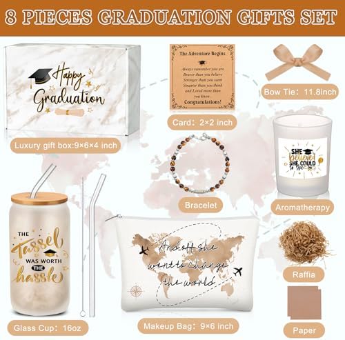 Potchen 7 Pcs Graduation Gifts for Girl Her Class of 2026 College High Graduation Gifts Box Set with 16oz Glass Cup Cosmetic Bag Bracelet Scented Candle with Box for Women Daughter Friend(Brown) - Image 3
