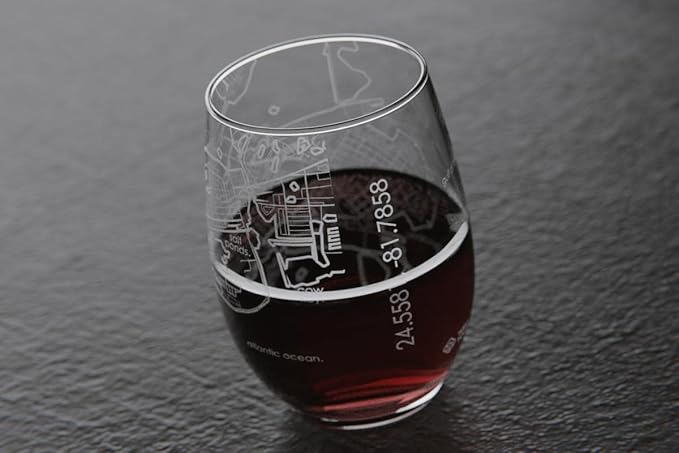 Well Told Engraved Key West Florida Map Stemless Wine Glass, Etched Glass (15 oz, Clear) City Custom Gifts for Lovers