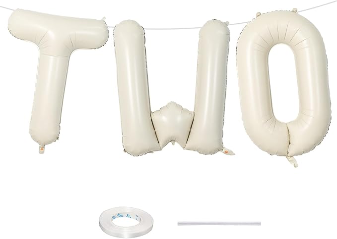 40 Inch Beige Letter Balloon, Cream White Sand Alphabet With Ribbon for 2 Year Old Birthday, Second Anniversary Party Decorations - Neutral Ivory for Kids, Boys, Girls