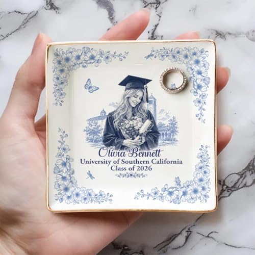 Wrappiness Personalized Graduation Trinket Tray for Girl Women - Custom Photo Toile de Jouy Custom College High School Ring Dish Grad for Daughter, Class of 2026 Graduation Gift for Her Jewelry Dish - Image 4